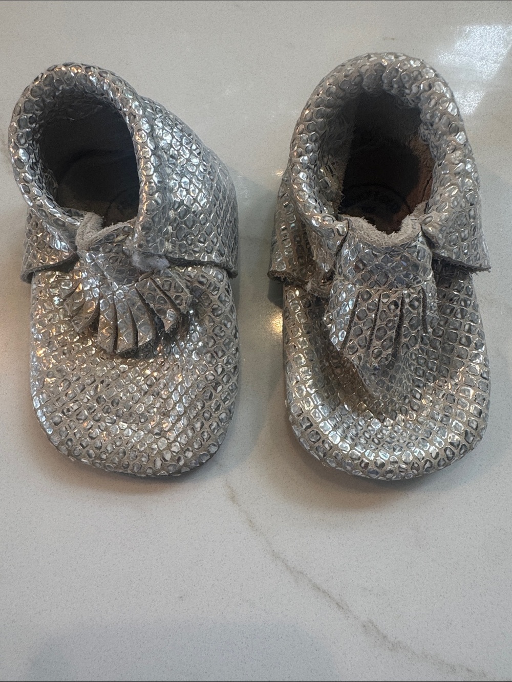 Freshly Picked Silver Metallic Fringe Baby Moccasins